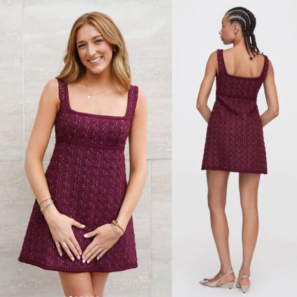 Hill House Bennett Mini Dress Burgundy Red Tweed Square Neck Size XL - Picture 2 of 12